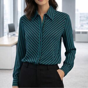 Joanna Button Front Stripe Shirt L Stretch Long Sleeve‎ Black Blue Career Office